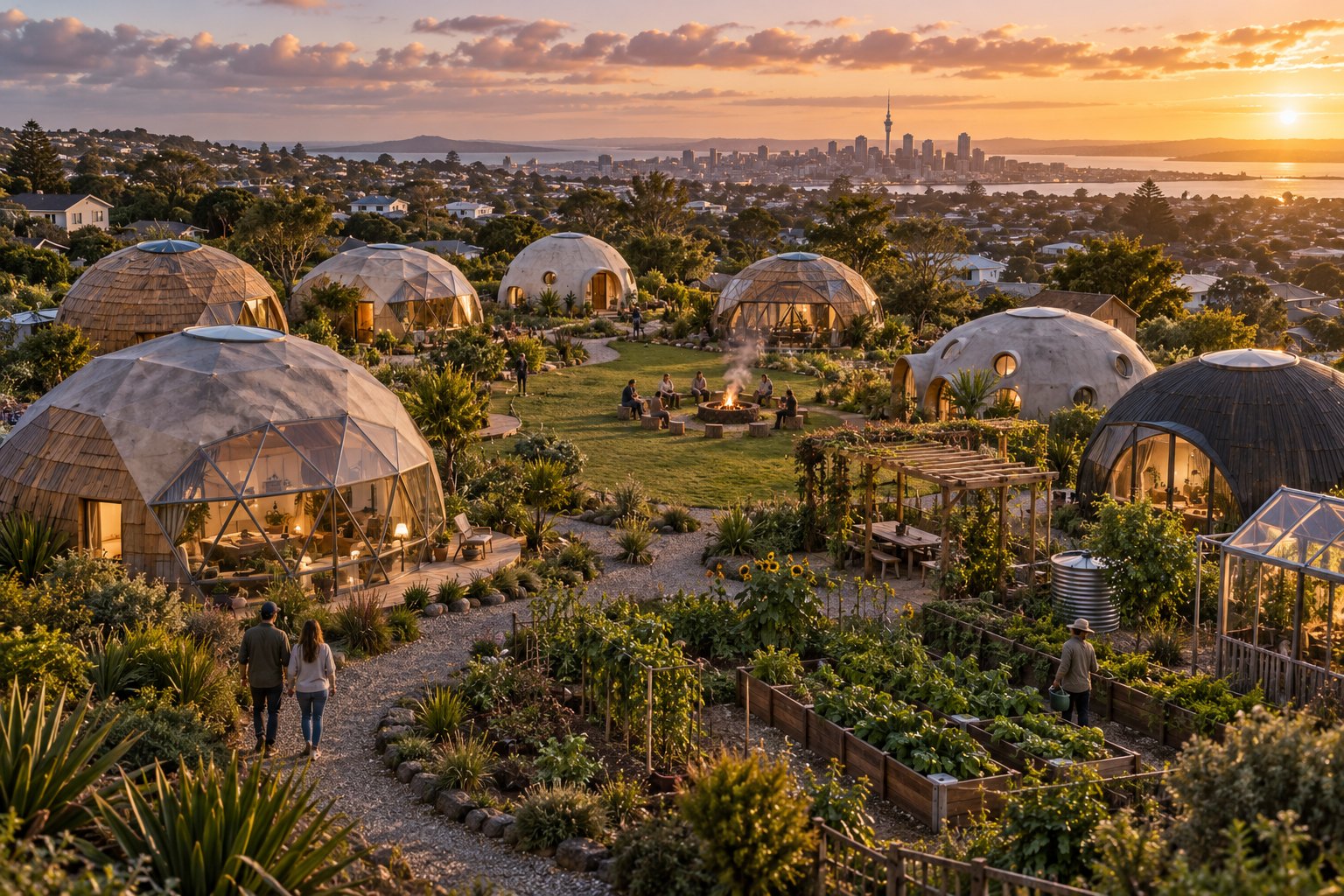 an aerial drone view of a resilient dome village of about twelve small domes of mixed materials arranged around a shared green, vegetable ga