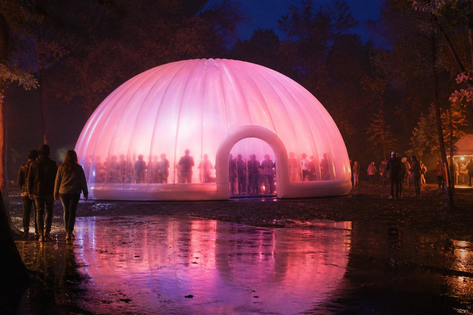 an inflatable airform dome event pavilion, translucent white skin glowing from inside with coloured light, a crowd silhouetted inside at a n