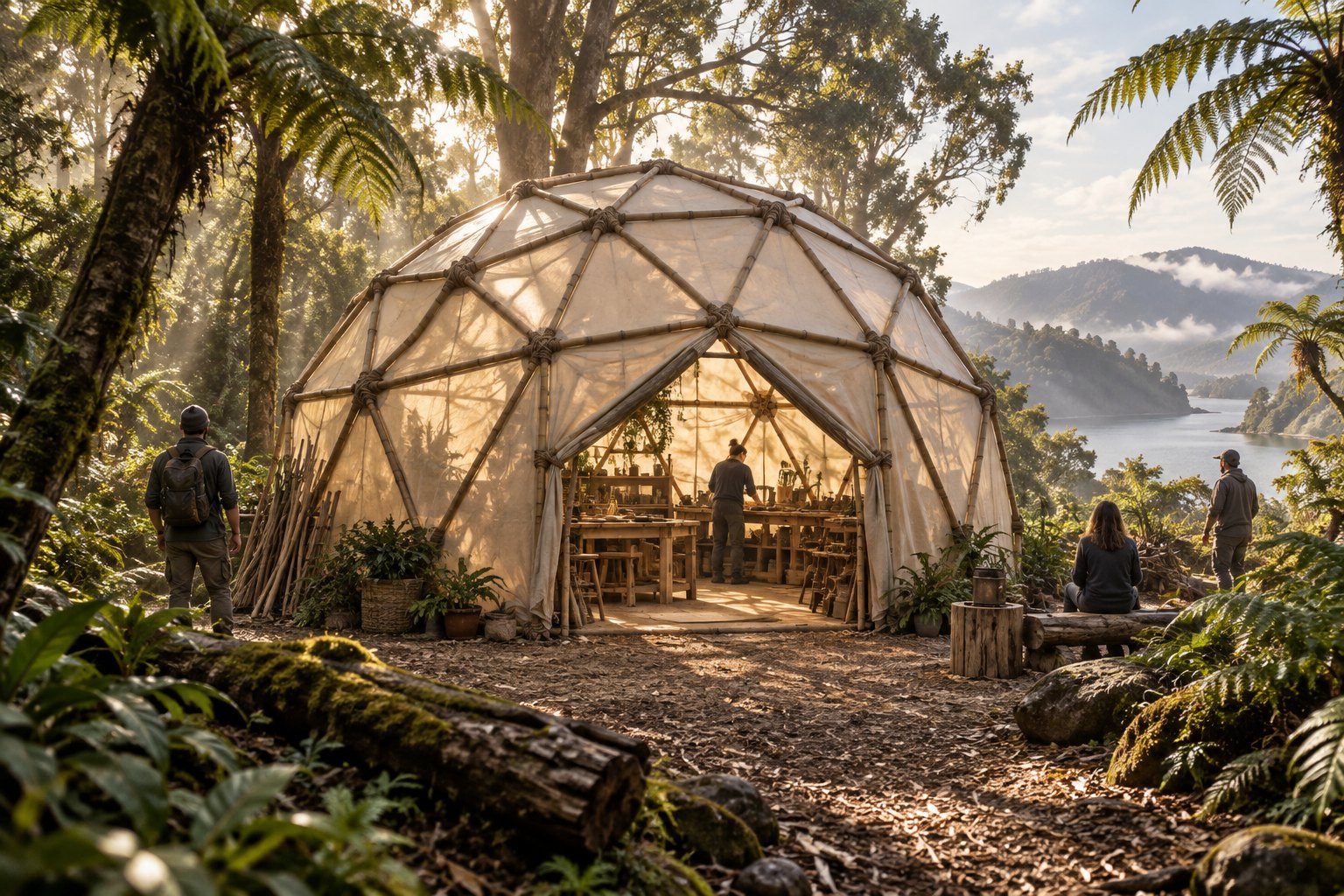 a hand-lashed bamboo geodesic dome with natural rope joints and a translucent canvas skin, in a native bush clearing with tree ferns, dapple