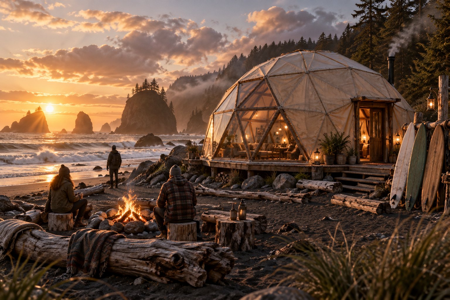 a weathered timber and canvas dome at the edge of a wild west-coast surf beach, black sand, driftwood, surfboards stacked, sea spray and lat