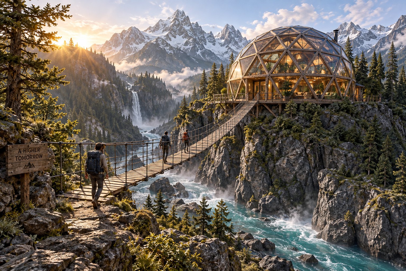 a timber geodesic dome perched on a rock ledge above a turquoise river gorge, a suspension bridge leading to it, adventurers crossing, epic 