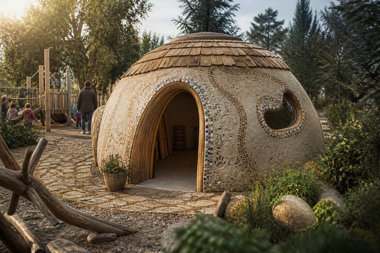 a hand-sculpted cob dome with organic curving walls, mosaic tiles and a wooden shingle cap, children's handprints in the plaster, a playful 