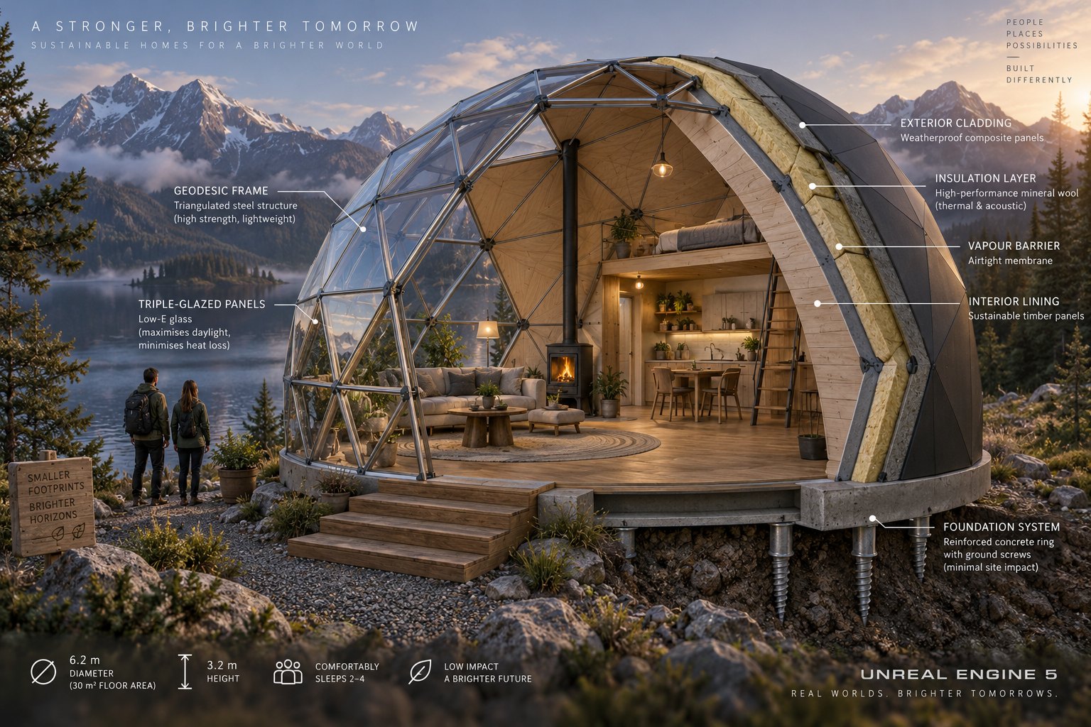 a technical cutaway render of a geodesic dome showing its triangulated frame, insulation layers, foundations and interior fit-out, clean stu