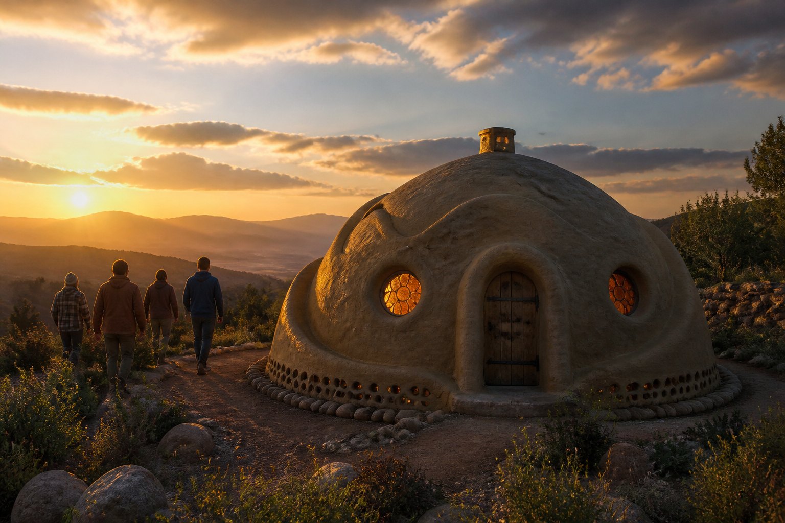 a superadobe earthbag dome with coiled earth-filled tubes and a clay-plaster finish, recycled-glass bottle windows glowing amber, on a rural