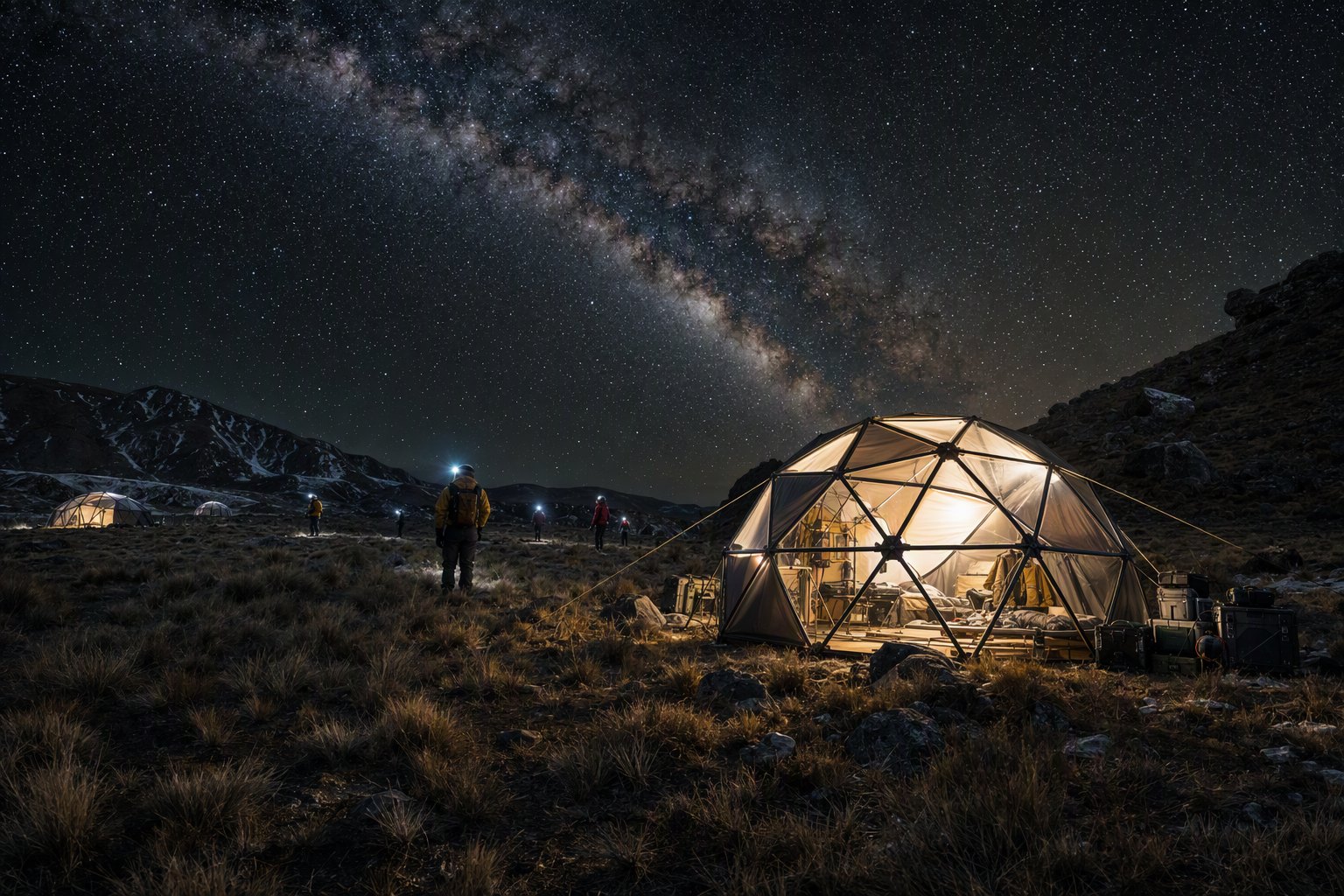 an expedition camp of lightweight carbon-strut geodesic domes on a high tussock plateau under a vast star-filled night sky, the Milky Way ov
