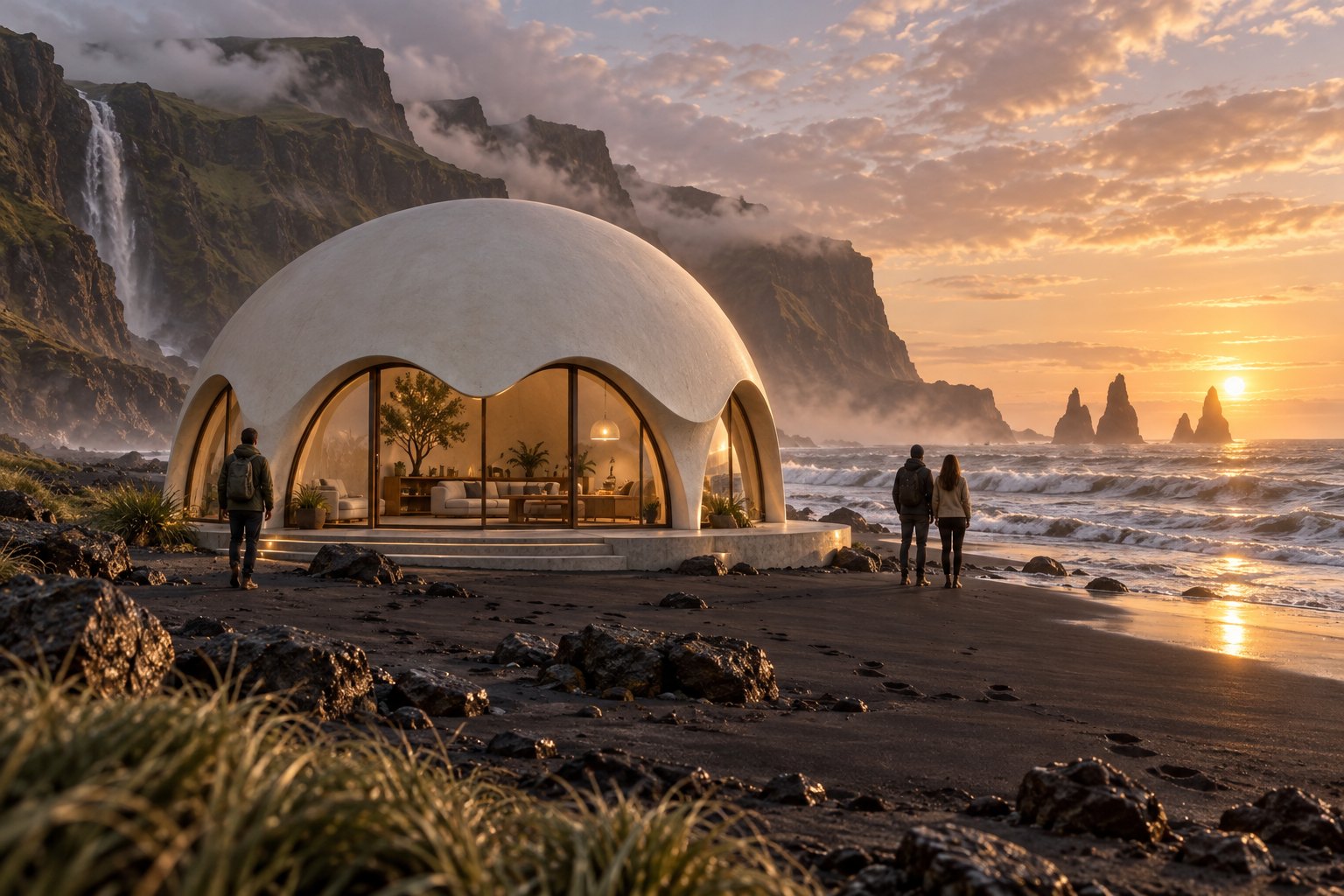 a thin-shell ferrocement dome with a smooth cream finish and a scalloped edge, elegant minimal, on a black volcanic sand beach at dawn.