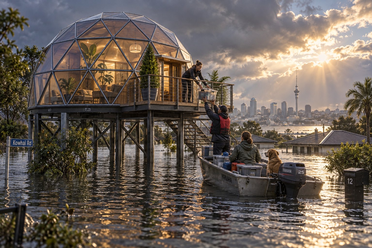 a raised geodesic dome on stilts above floodwater in an Auckland street after a storm, neighbours passing supplies from a boat, rain clearin