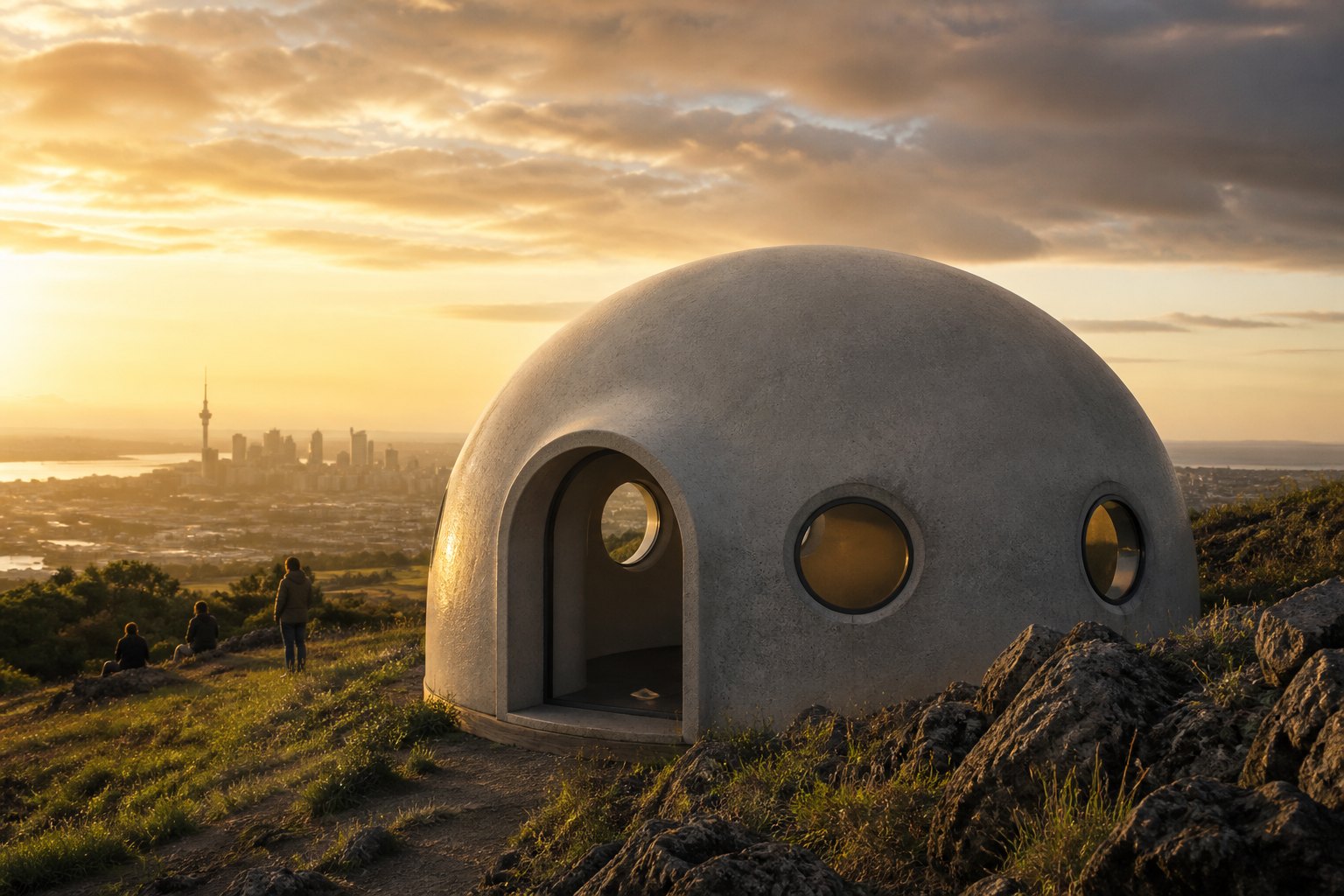 FOAMCRETE: a seamless monolithic foamcrete (foamed concrete) dome, smooth warm-grey shell with a fine porous texture, round porthole windows