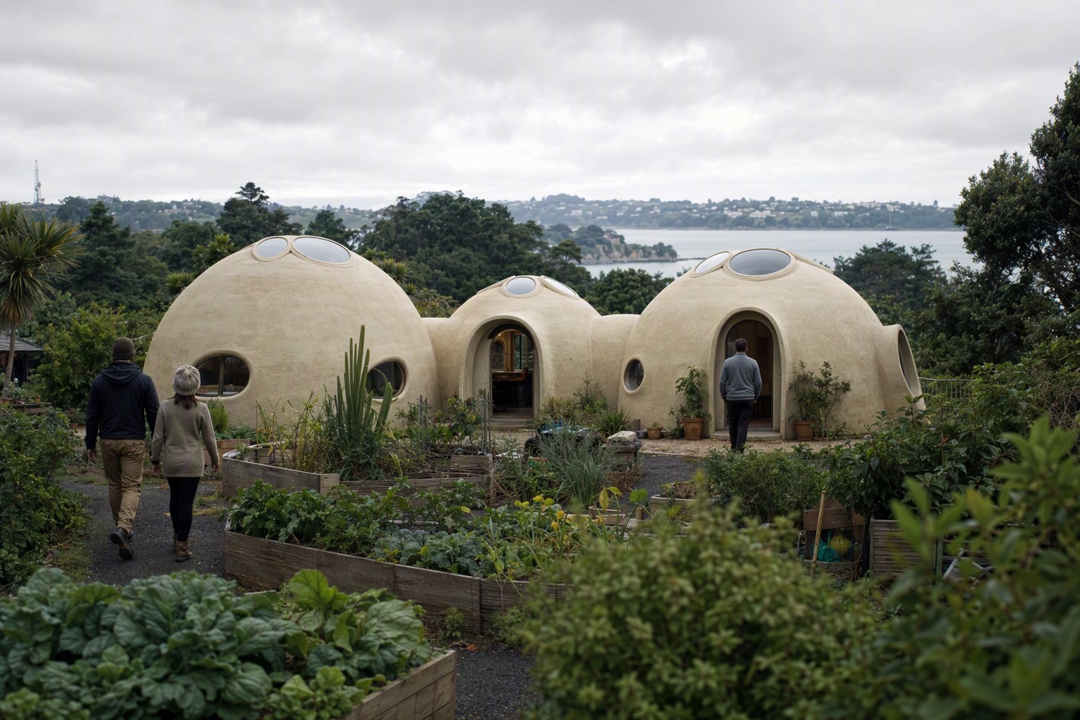 FOAMCRETE: a cluster of three linked foamcrete dome pods joined by short vaulted tunnels, pale sand-coloured cast foamcrete with a matte lim