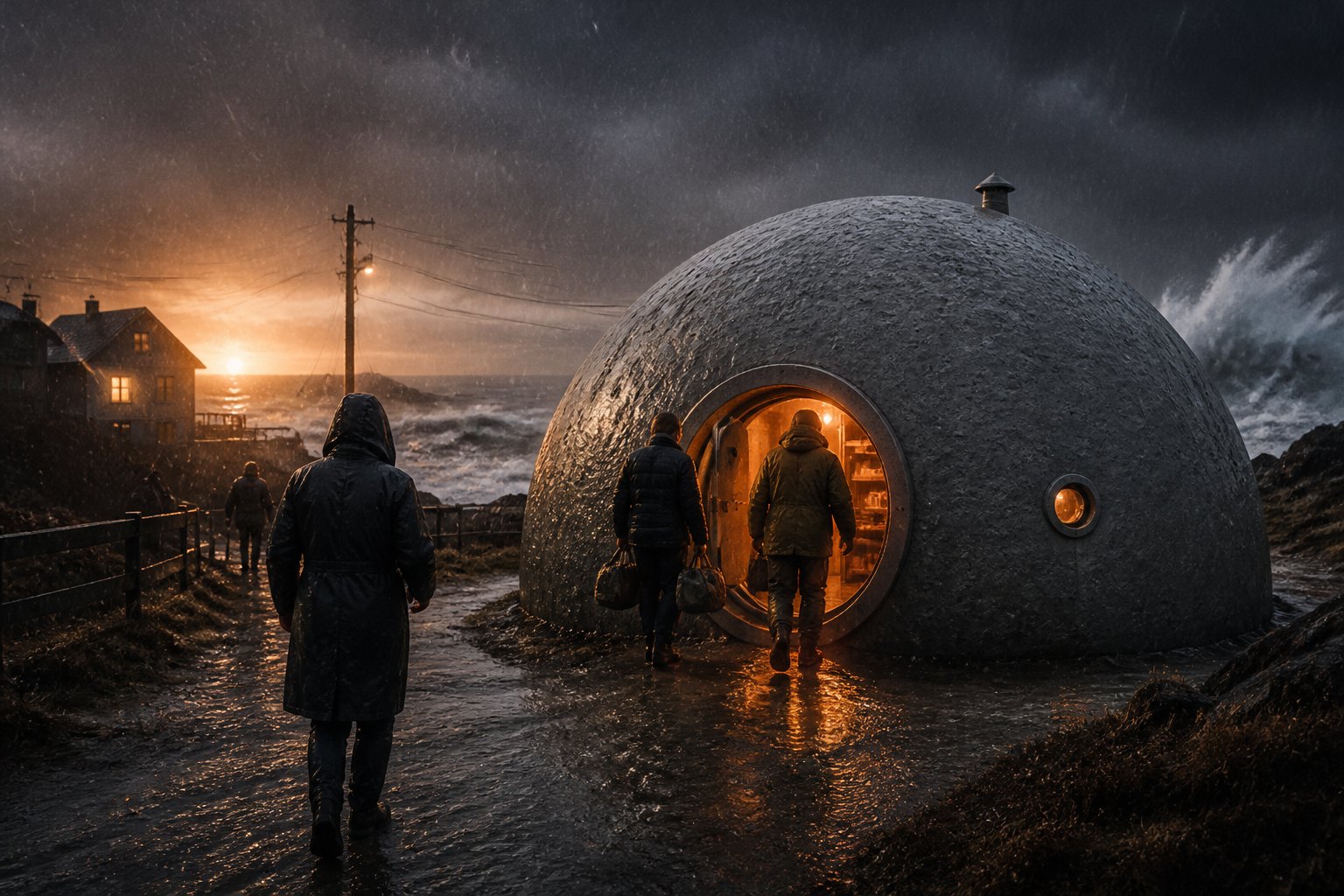 FOAMCRETE: a heavy foamcrete storm-shelter dome standing firm in a violent coastal storm at dusk, rain lashing, waves breaking behind, warm 