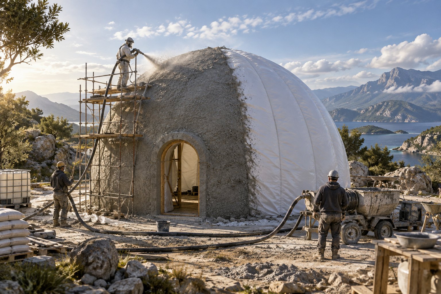 FOAMCRETE: a foamcrete dome under construction, workers spraying foamed concrete over an inflated airform membrane, half the shell finished 