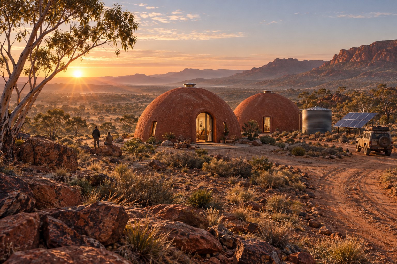 FOAMCRETE: twin foamcrete domes with rust-red pigmented shells in an outback-style dry landscape at dawn, long shadows, a water tank and sol