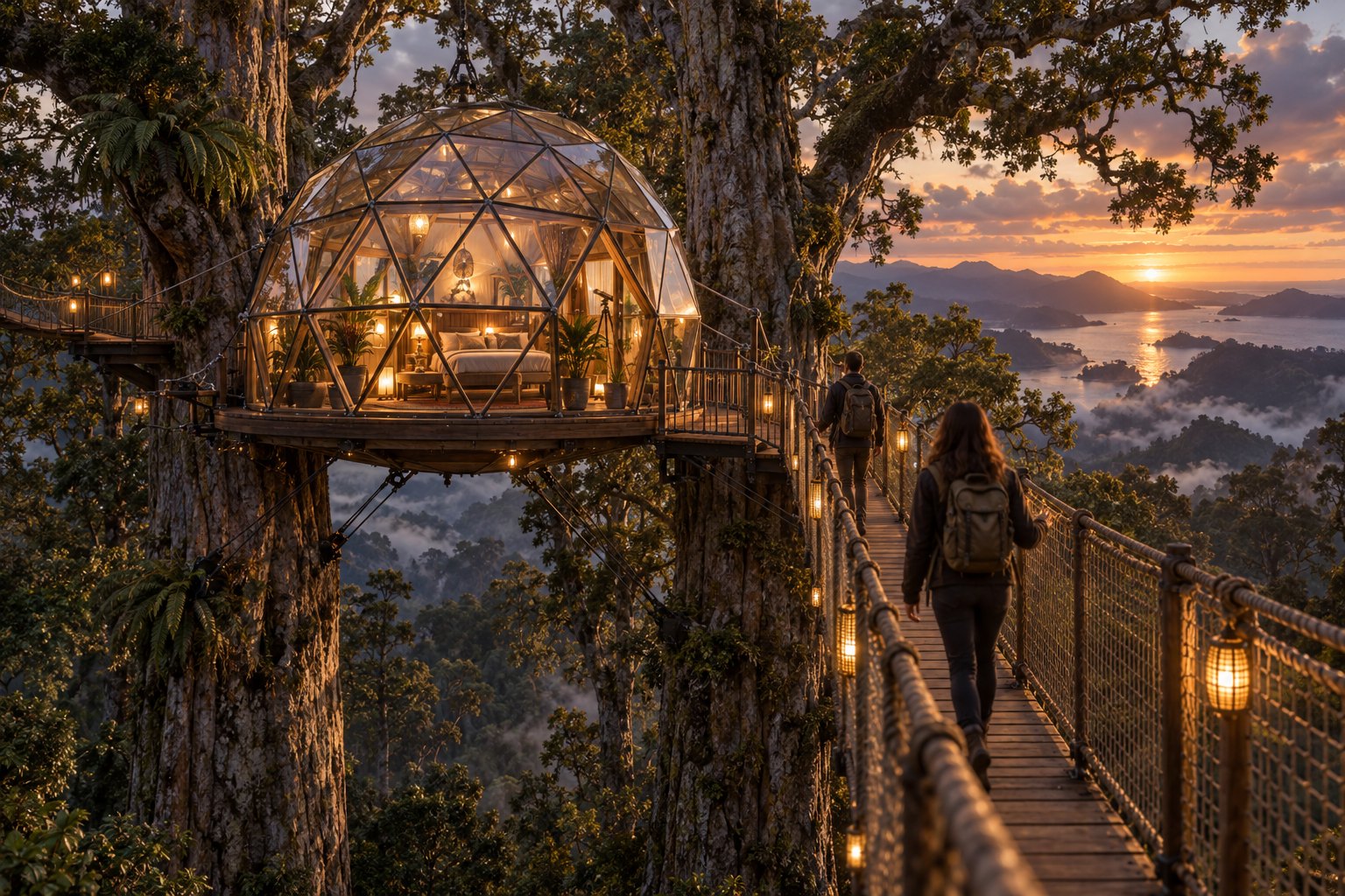 a geodesic dome suspended in the canopy of giant native kauri trees, connected by rope bridges, lanterns glowing at dusk, adventure-film fra