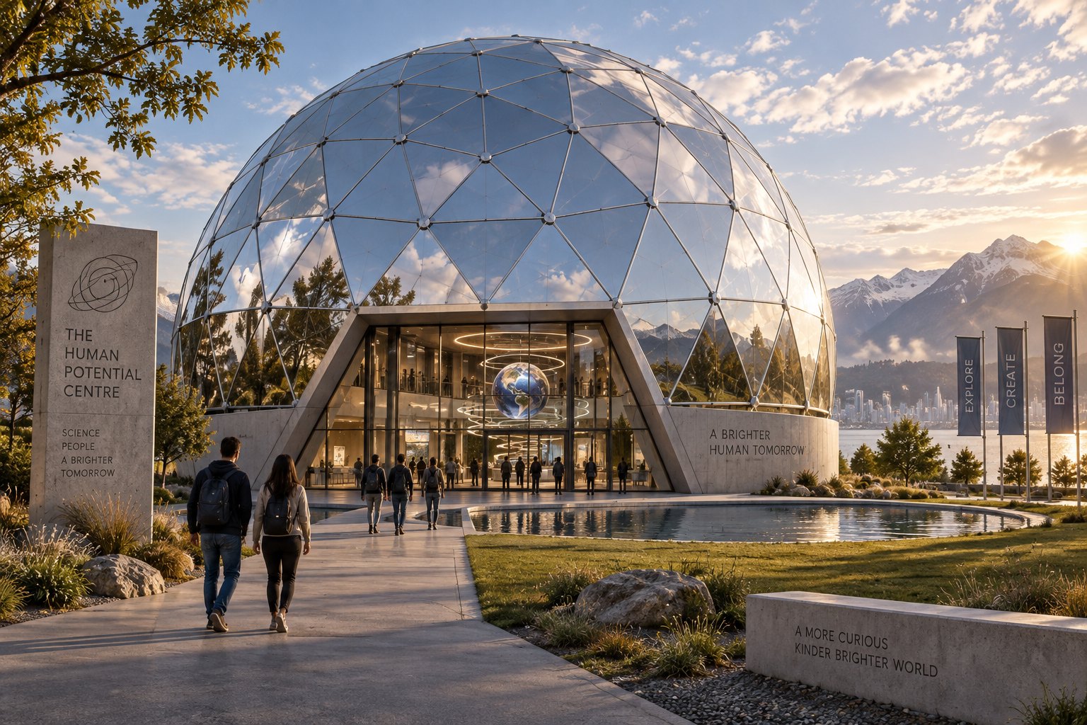 a Buckminster Fuller-inspired anodised aluminium geodesic dome, polished triangular skin panels reflecting the sky, a retro-futurist science