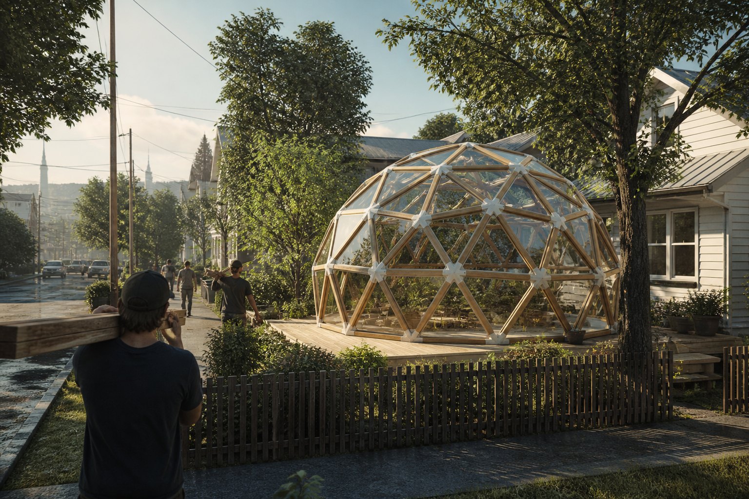 a 2V geodesic dome of exposed laminated timber struts with chunky 3D-printed hubs, triangular glass panels, on a Kingsland street corner lot