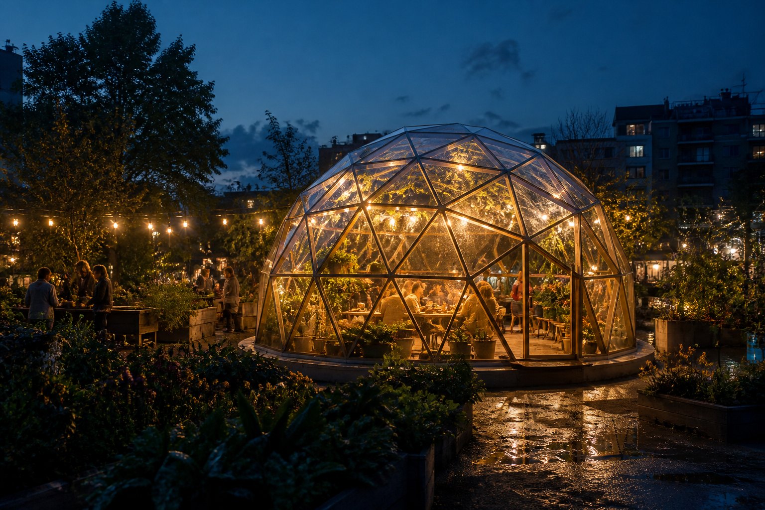 a 3V geodesic glass greenhouse dome glowing at night in a community garden, plants and fairy lights inside, people gathered at long tables, 