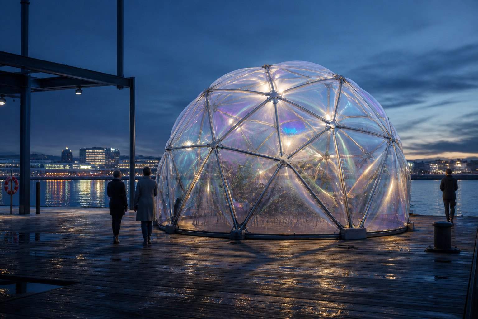 a 4V geodesic steel-frame dome clad in inflated ETFE cushions that shimmer with iridescence, on a waterfront wharf at blue hour, harbour lig