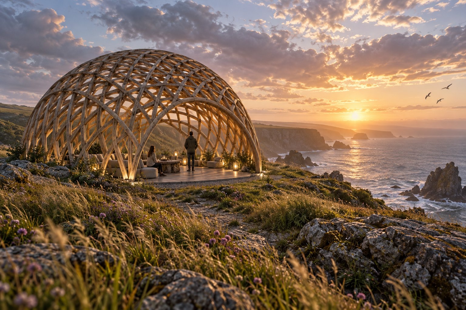a timber gridshell dome of bent green-oak laths forming a woven lattice, a flowing organic silhouette, on a coastal headland, wind in the gr