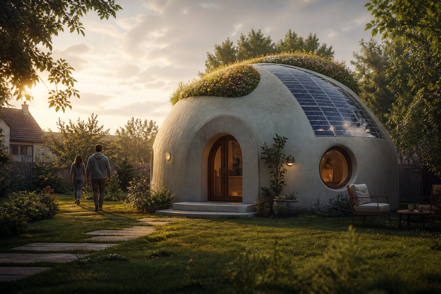 a hempcrete dome with a textured natural lime render and a green sedum living roof crown, solar tiles on the north face, a calm suburban bac