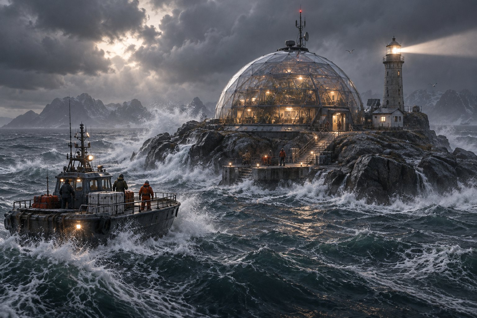 a lone resilient dome outpost on a small rocky island in a stormy grey sea, a supply boat approaching through the swell, a lighthouse beam, 