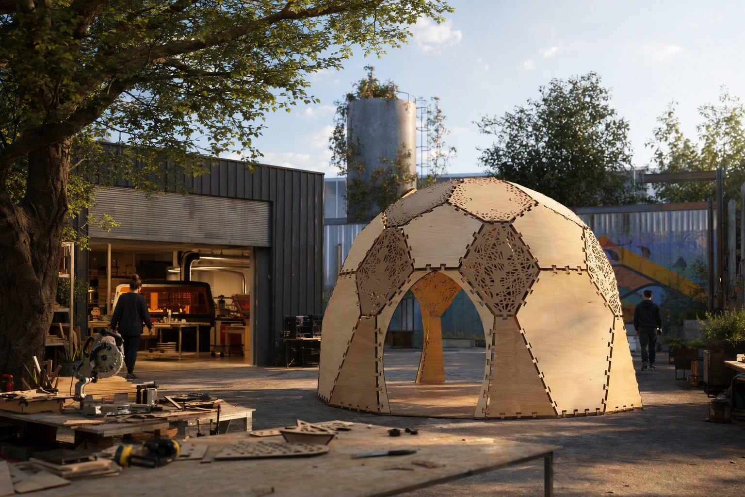 a laser-cut plywood panel dome assembled from interlocking flat-pack panels with visible finger joints and CNC-cut patterns, inside a makers