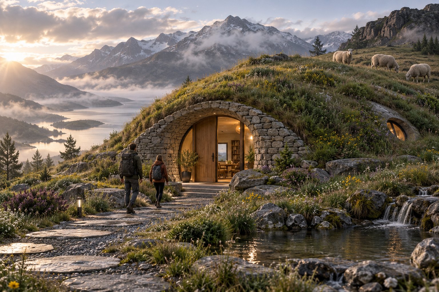 an earth-sheltered dome with a thick living sod roof of native grasses, a stone-faced entry, half sunk into a hillside, sheep grazing above,