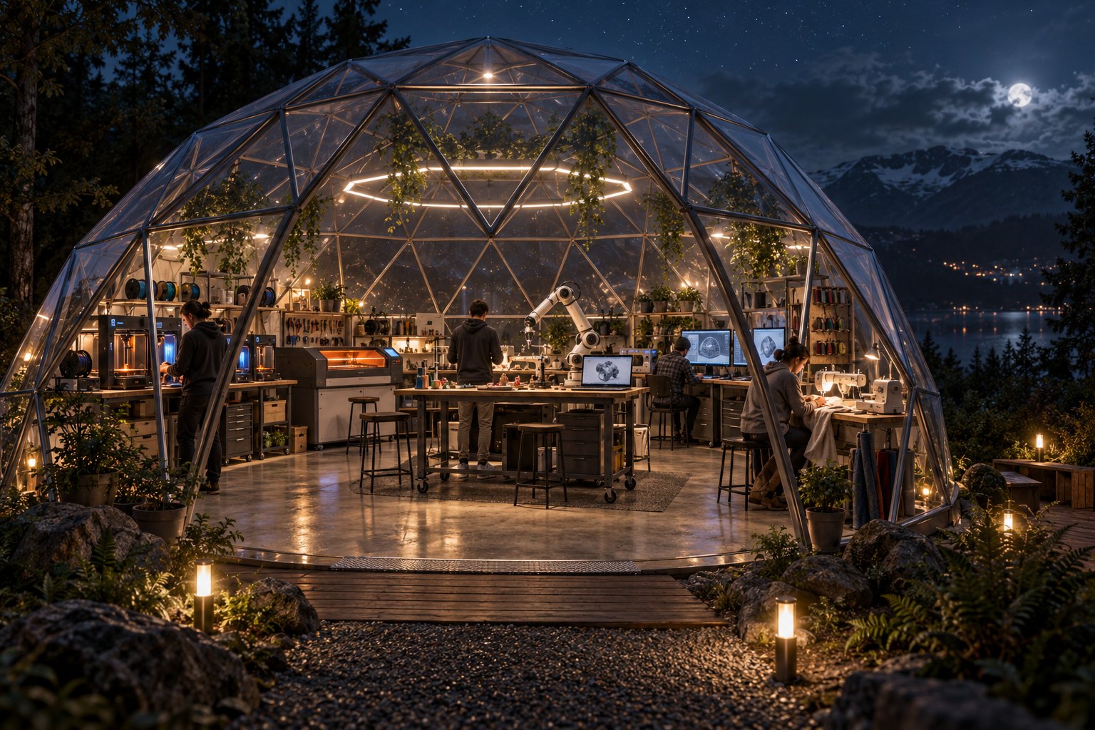 interior of a dome MAKERSPACE: 3D printers, a laser cutter, a robot arm and sewing machines under a geodesic ceiling, makers working at benc