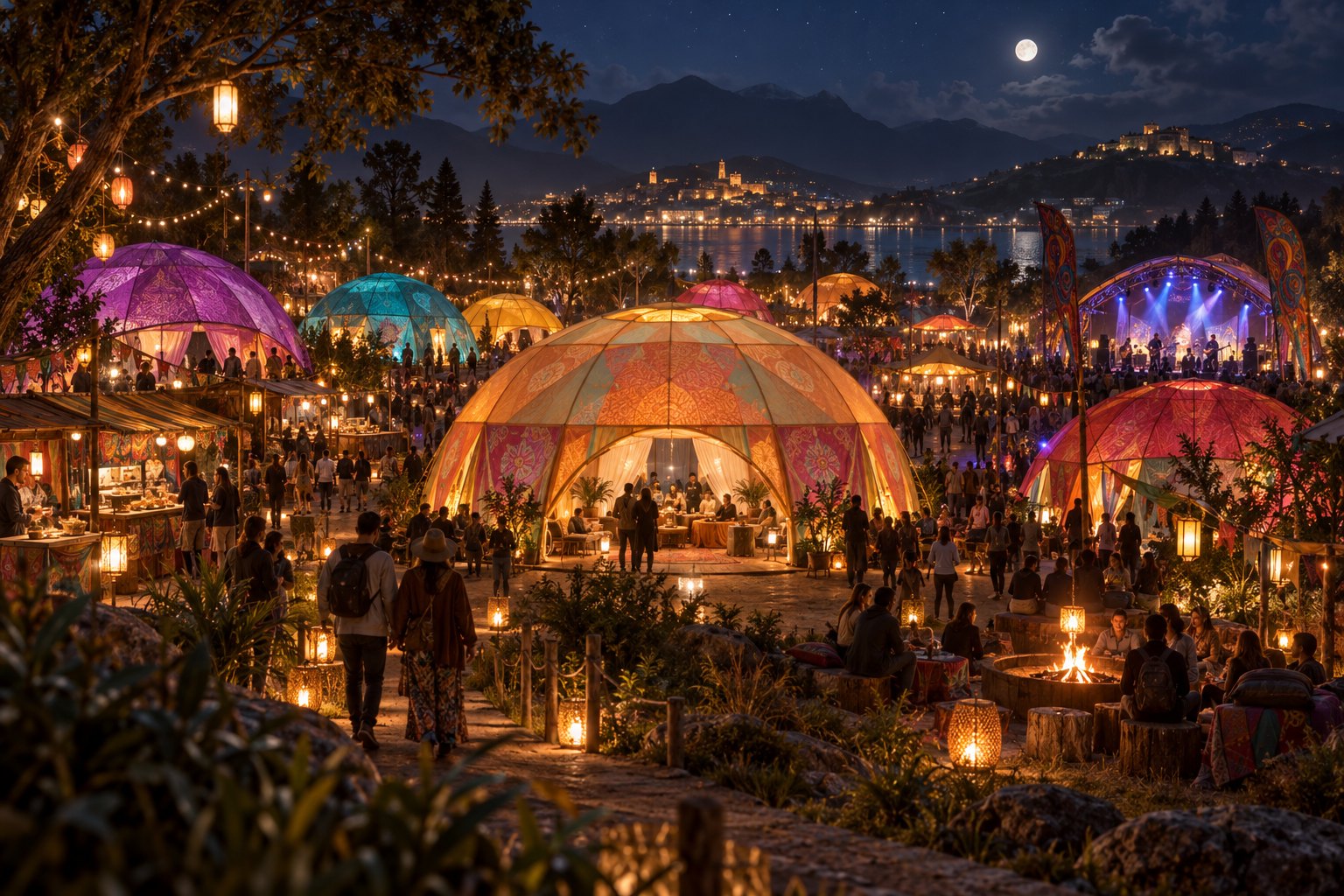 a night market festival of colourful fabric-skinned domes, food stalls, music and string lights, crowds of silhouetted people, warm celebrat