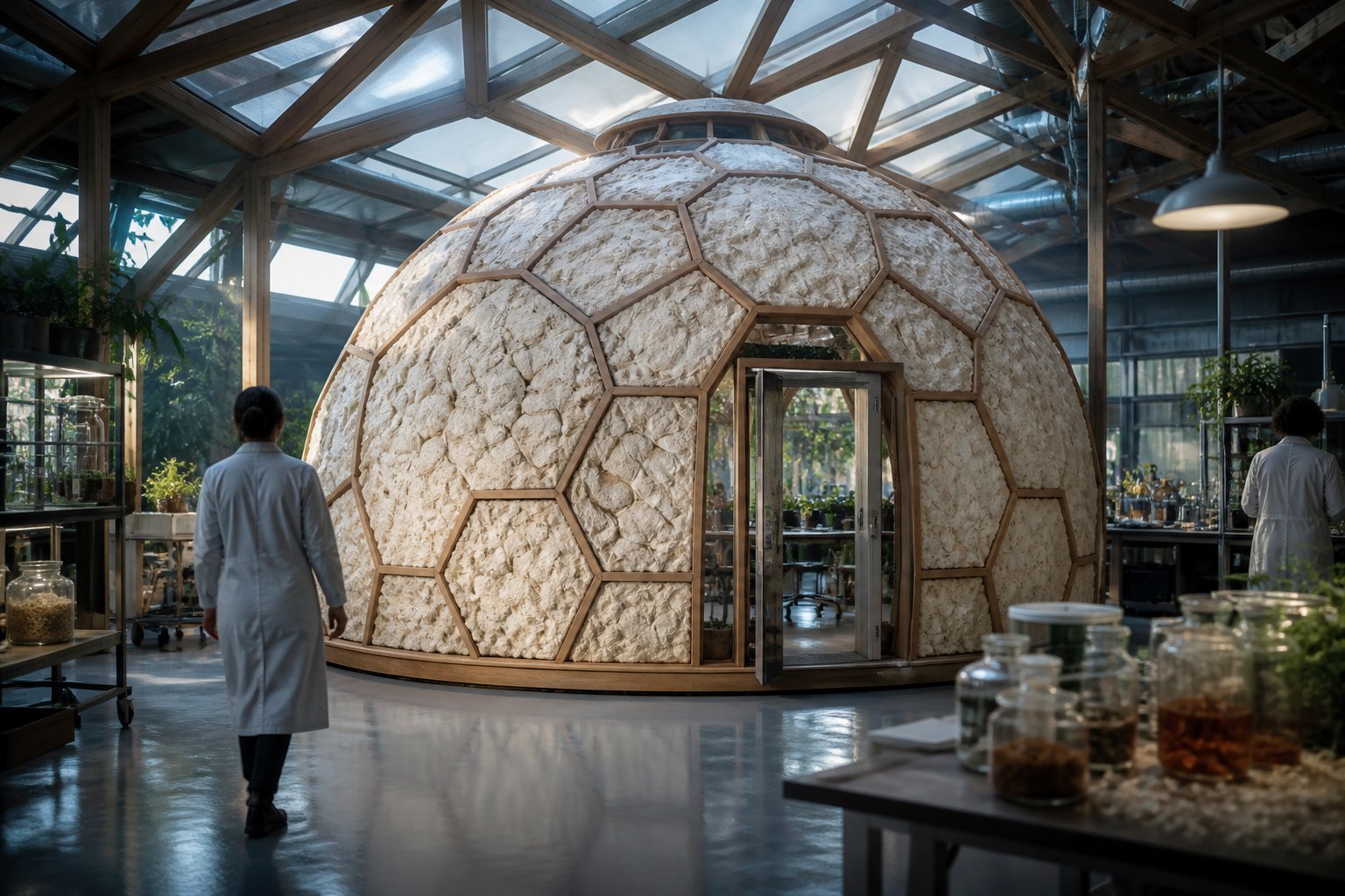 a dome of grown mycelium composite panels with soft fungal textures, between a hexagonal timber frame, a biotech community lab setting, cool