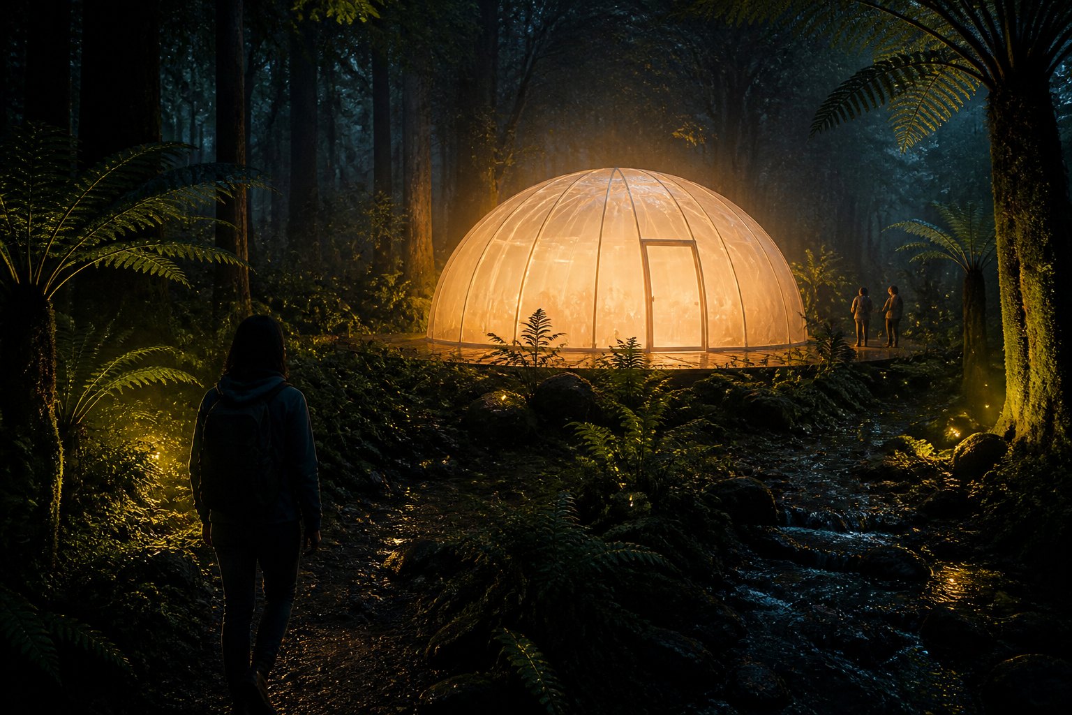 a translucent polycarbonate dome glowing like a lantern deep in a dark native forest at night, fireflies and tree ferns, a lone figure appro