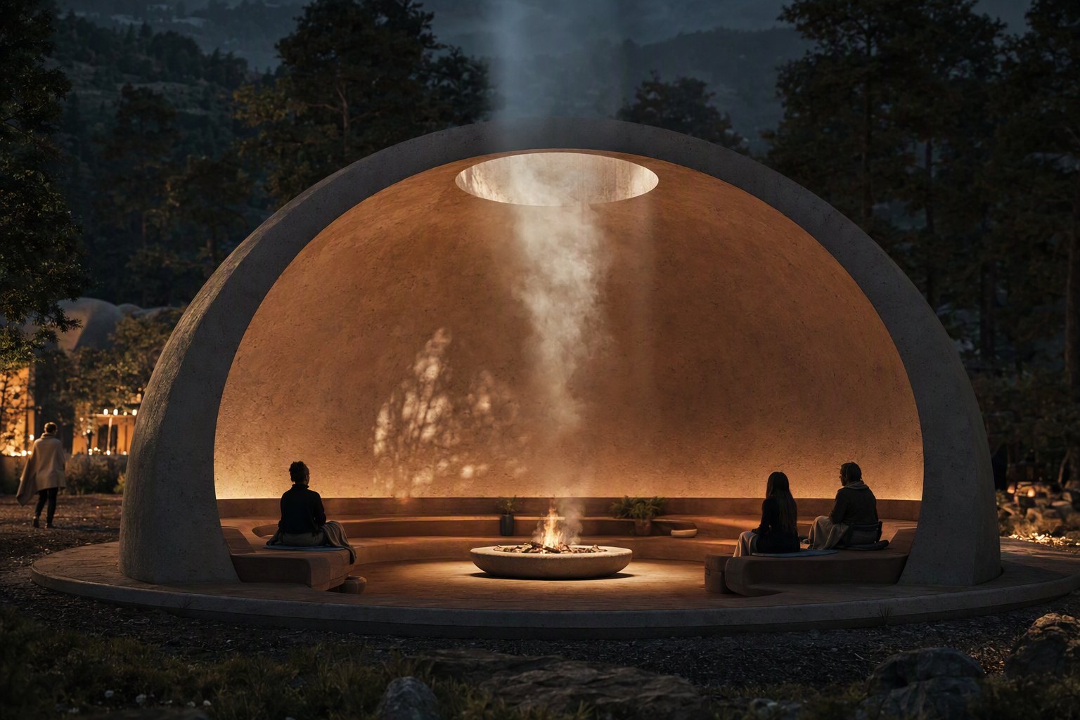 a dome with a large open oculus, a shaft of light falling on a central round fire pit, people seated on circular benches inside, a meditativ