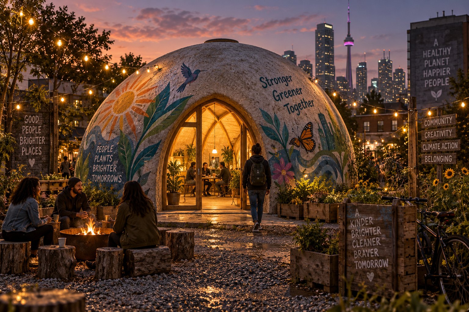 a papercrete dome with a textured fibrous grey shell painted with bright murals by local artists, in an urban community lot, string lights, 