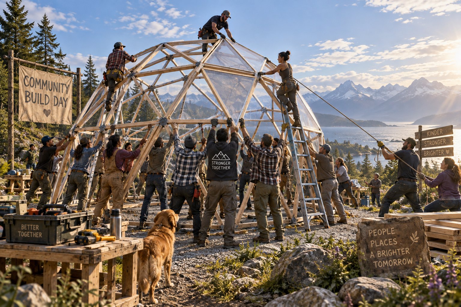 community BUILD DAY: dozens of neighbours raising a geodesic dome frame together, lifting triangular panels into place, ropes and ladders, a