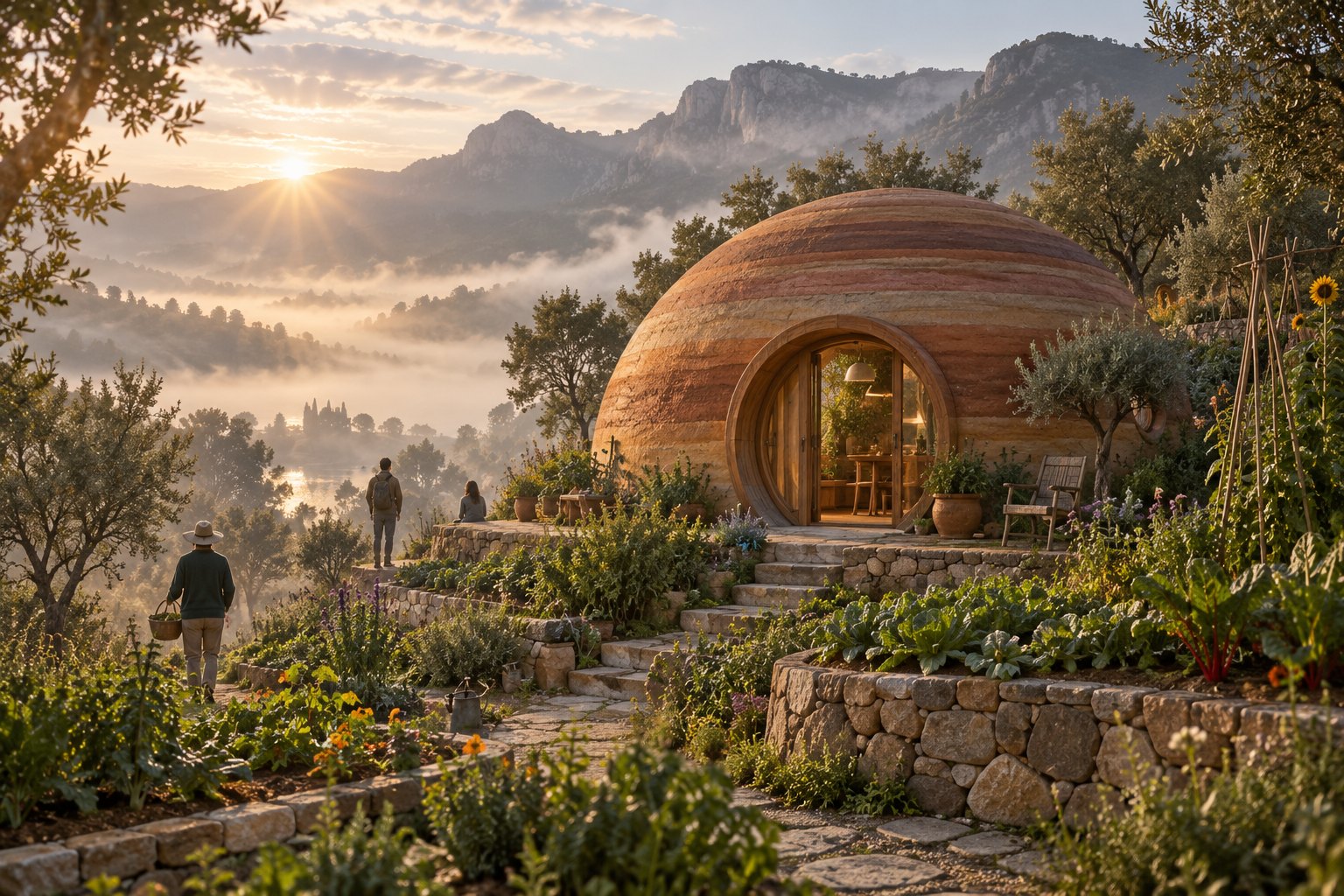 a rammed-earth dome with striated ochre and red earth layers, a timber-framed round door, set into a terraced food garden, morning mist.