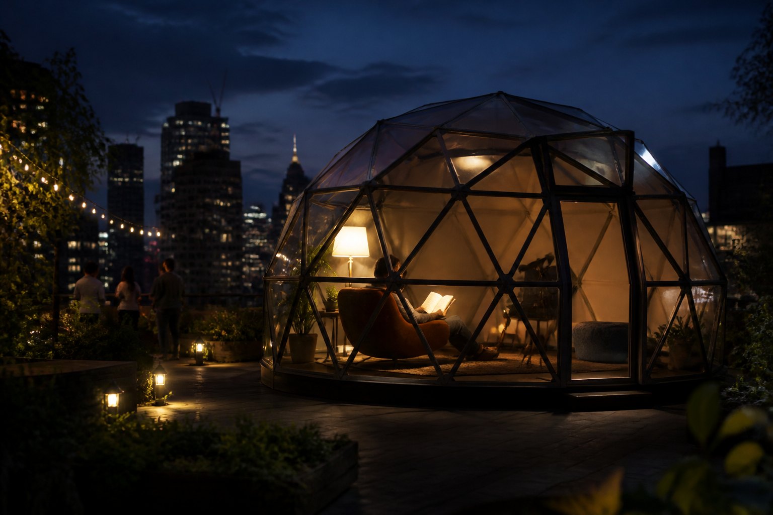 a single small geodesic pod dome on an inner-city apartment rooftop garden, city lights at night, a person reading inside under a warm lamp.