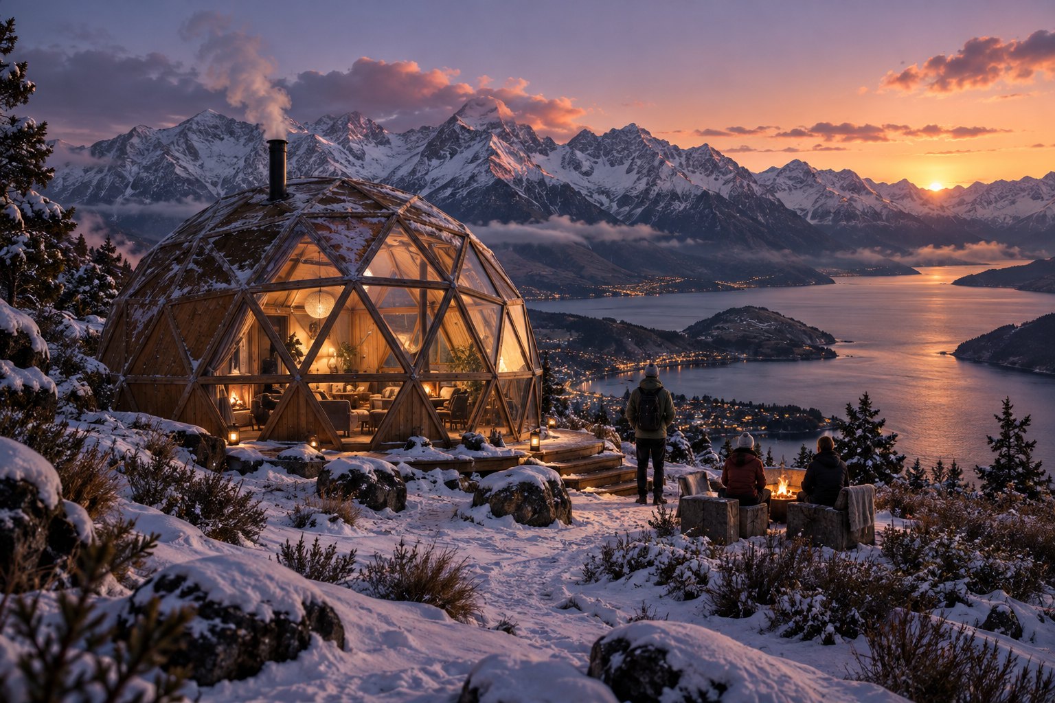 a geodesic timber dome in alpine snow near Queenstown, snow-covered mountains and a lake behind, warm interior light, smoke from a flue, twi