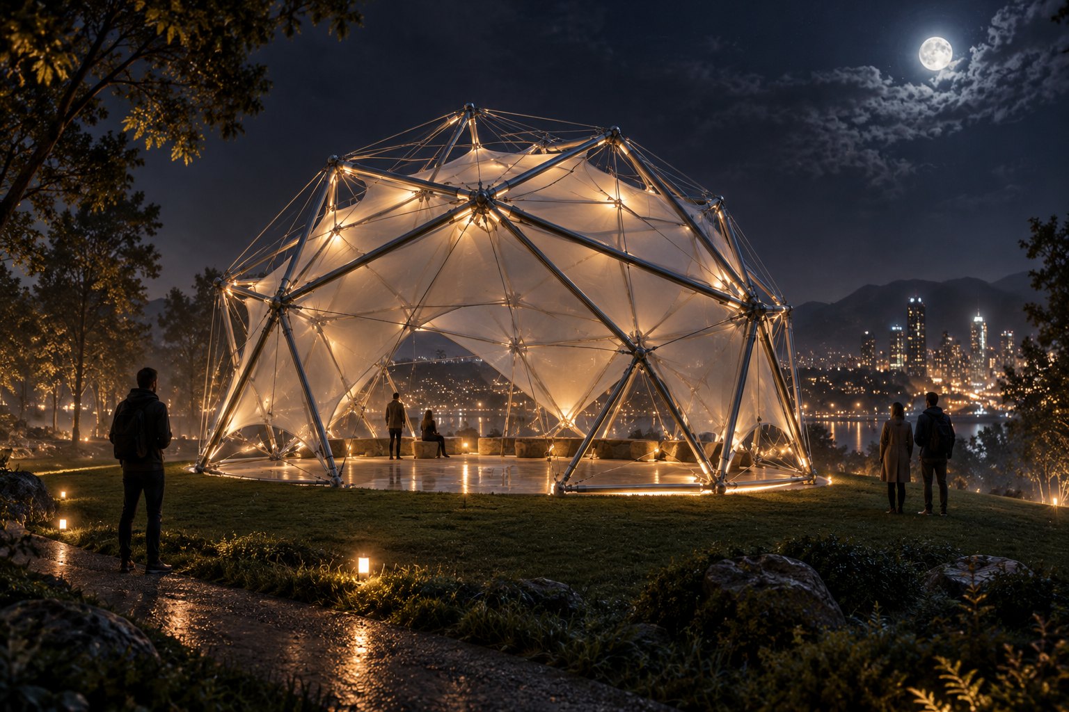 a tensegrity dome of floating steel struts held by steel cables, a taut membrane skin, appearing weightless, lit dramatically at night on a 
