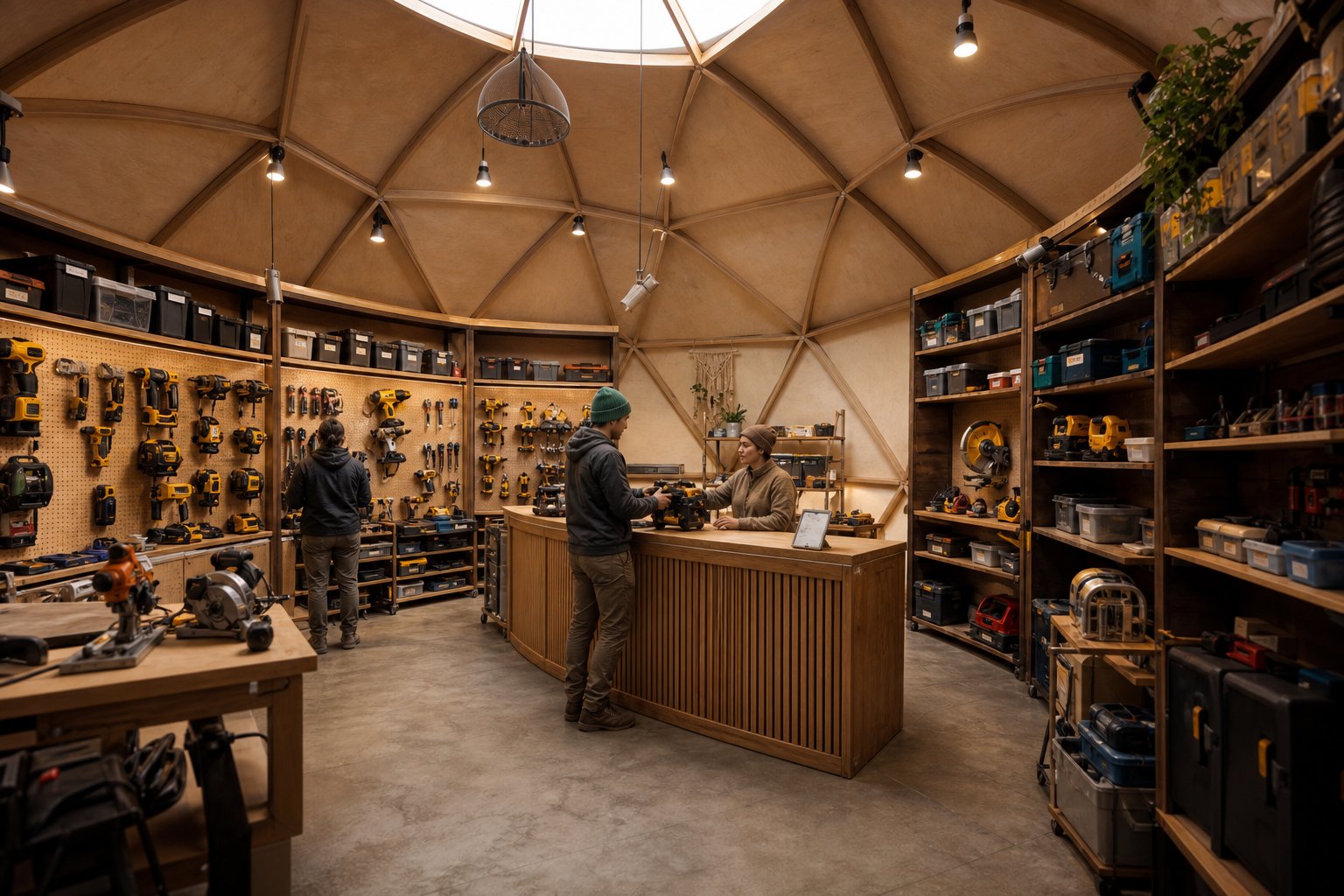 a dome that is a community TOOL LIBRARY: interior view, curved walls lined with pegboard and shelves of drills, saws, sanders and clamps, a 