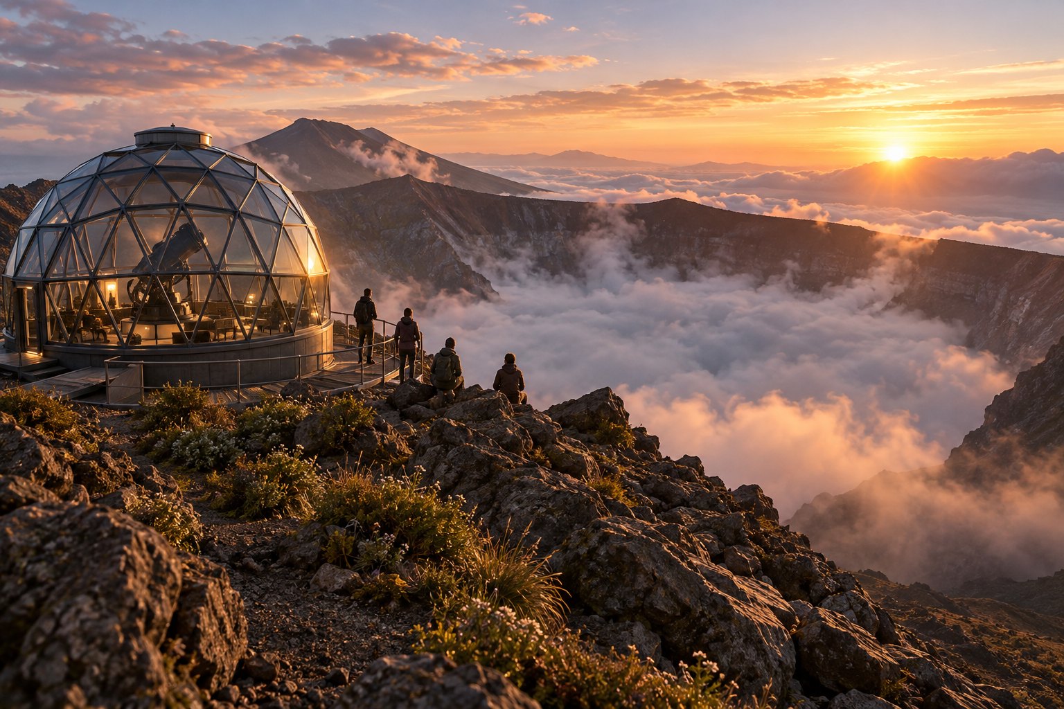 a steel and glass geodesic observatory dome on the rim of a dormant volcano at sunrise, mist filling the crater, a small group watching the 