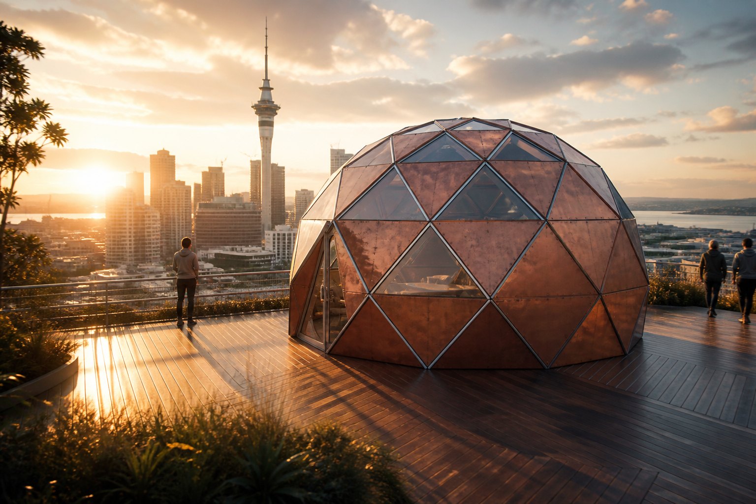 a zome (zonohedral dome) with diamond-shaped facets of copper-clad panels and skylights, crisp modern geometry, on a rooftop above Auckland'